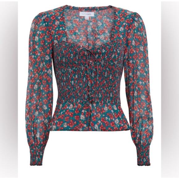 Intermix Silk Floral Smocked Alaina Cottage Puff Sleeve Blouse Size 4 - Picture 3 of 11